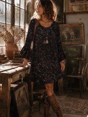 Agnes & Dora Black XL Confetti Print Bell Sleeve Swing Dress Artsy Boho Festival